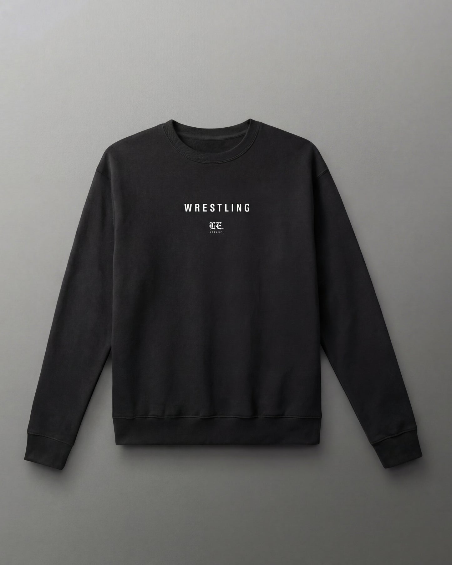 Black sweatshirt with 'Wrestling' text on a gray background