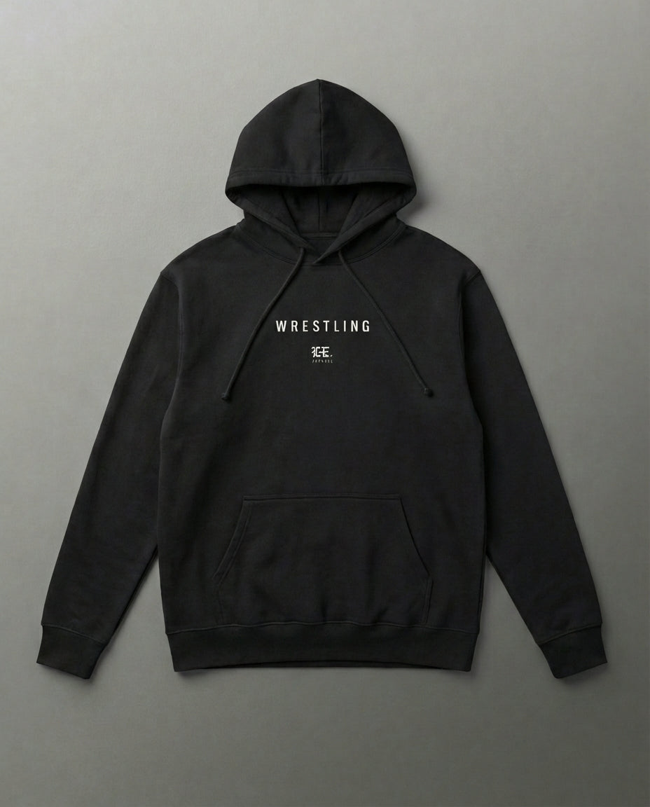 Black hoodie with 'Wrestling' text on a gray background