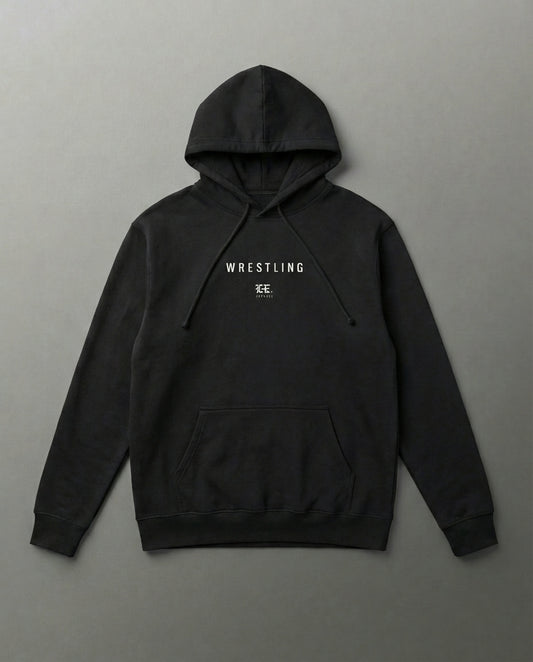 Black hoodie with 'Wrestling' text on a gray background