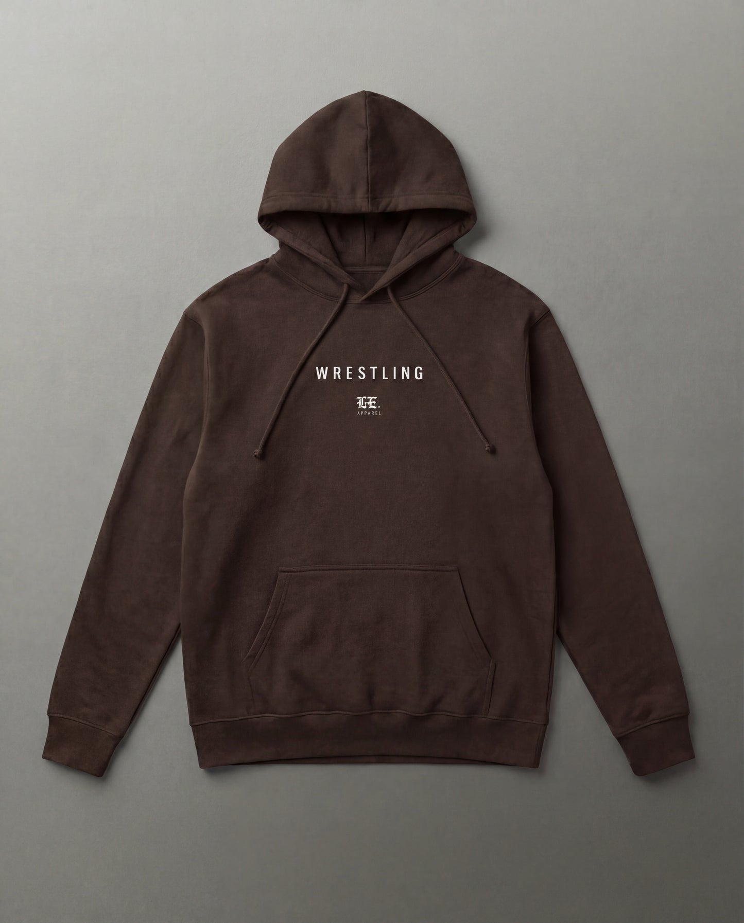 Brown hoodie with 'Wrestling' text on a gray background