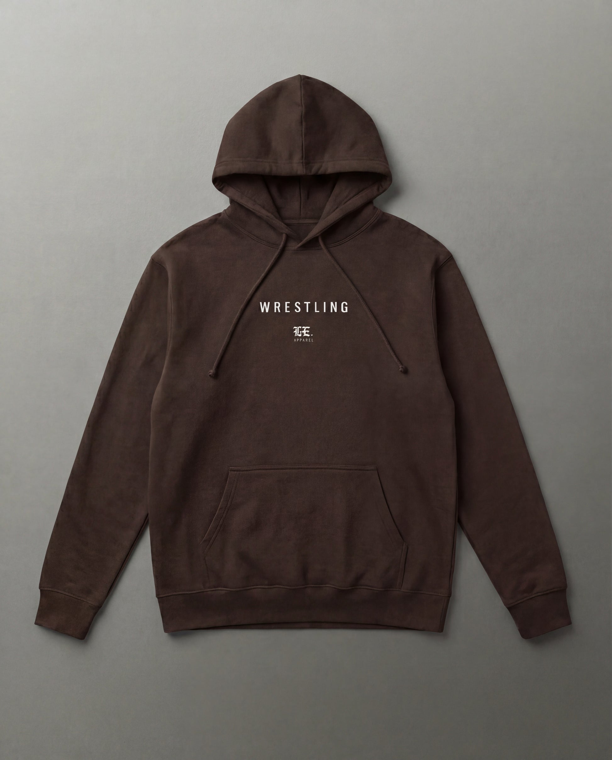 Brown hoodie with 'Wrestling' text on a gray background