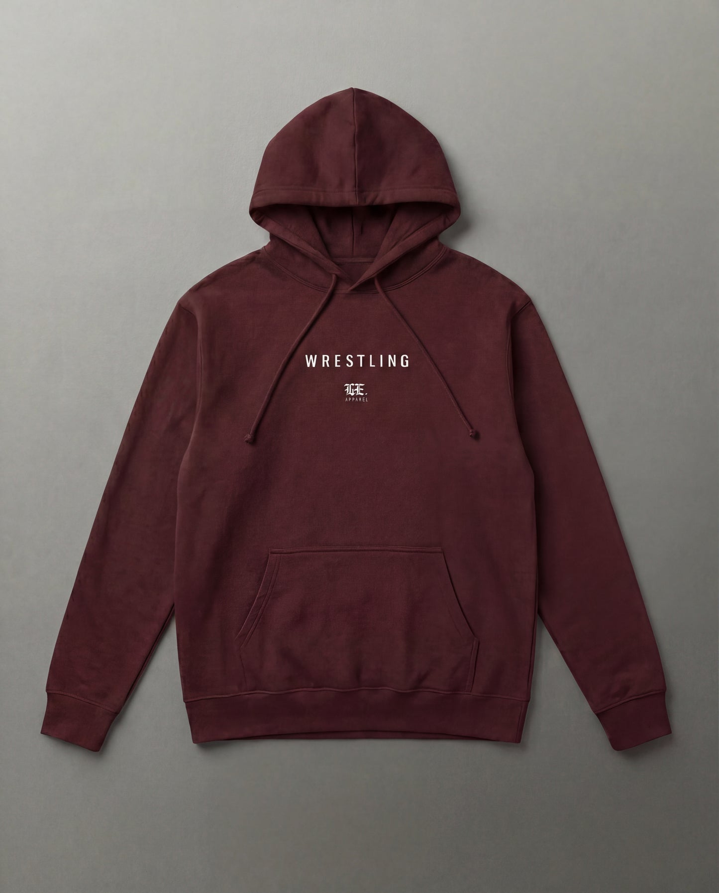 Maroon hoodie with 'Wrestling' text on a gray background