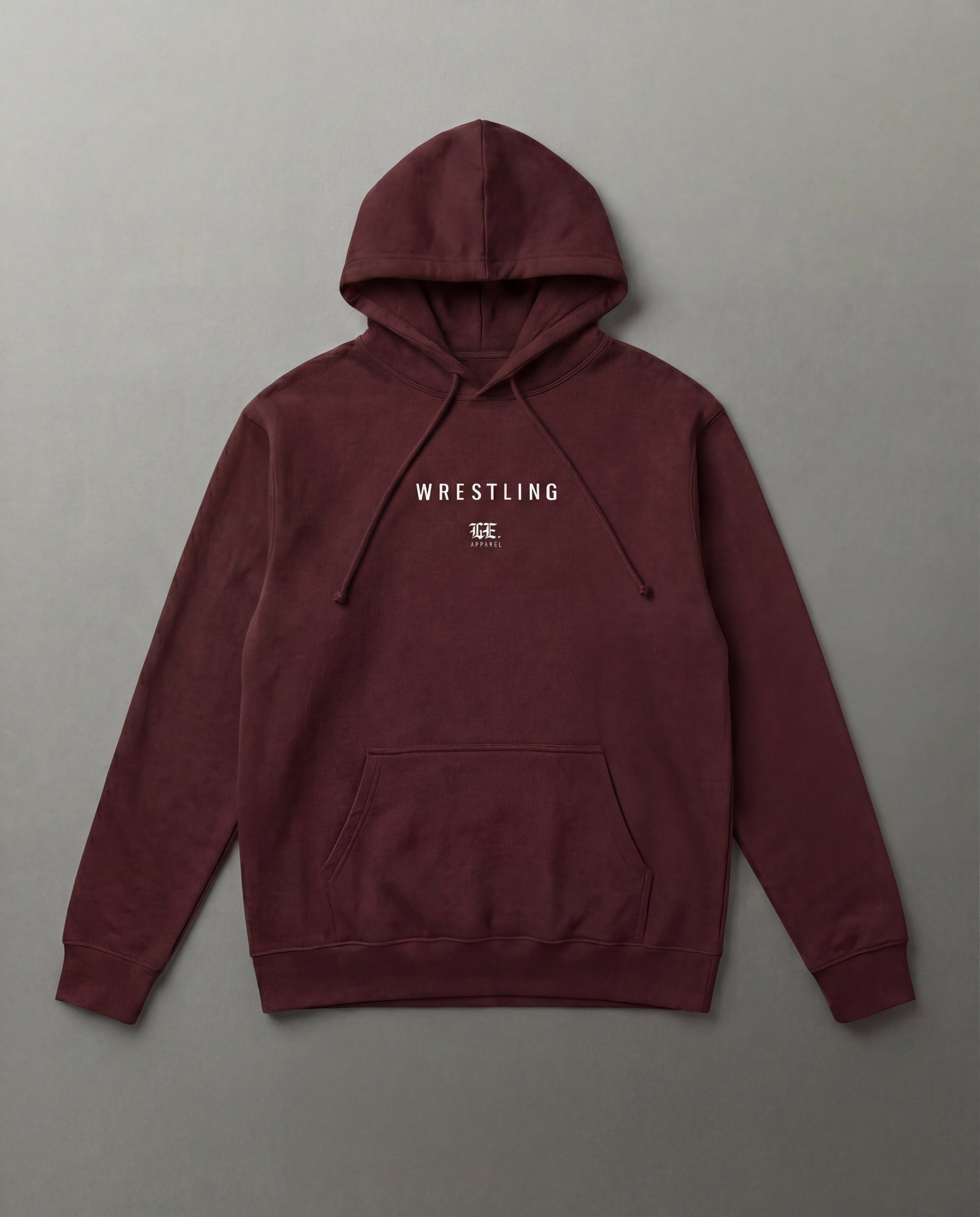 Maroon hoodie with 'Wrestling' text on a gray background