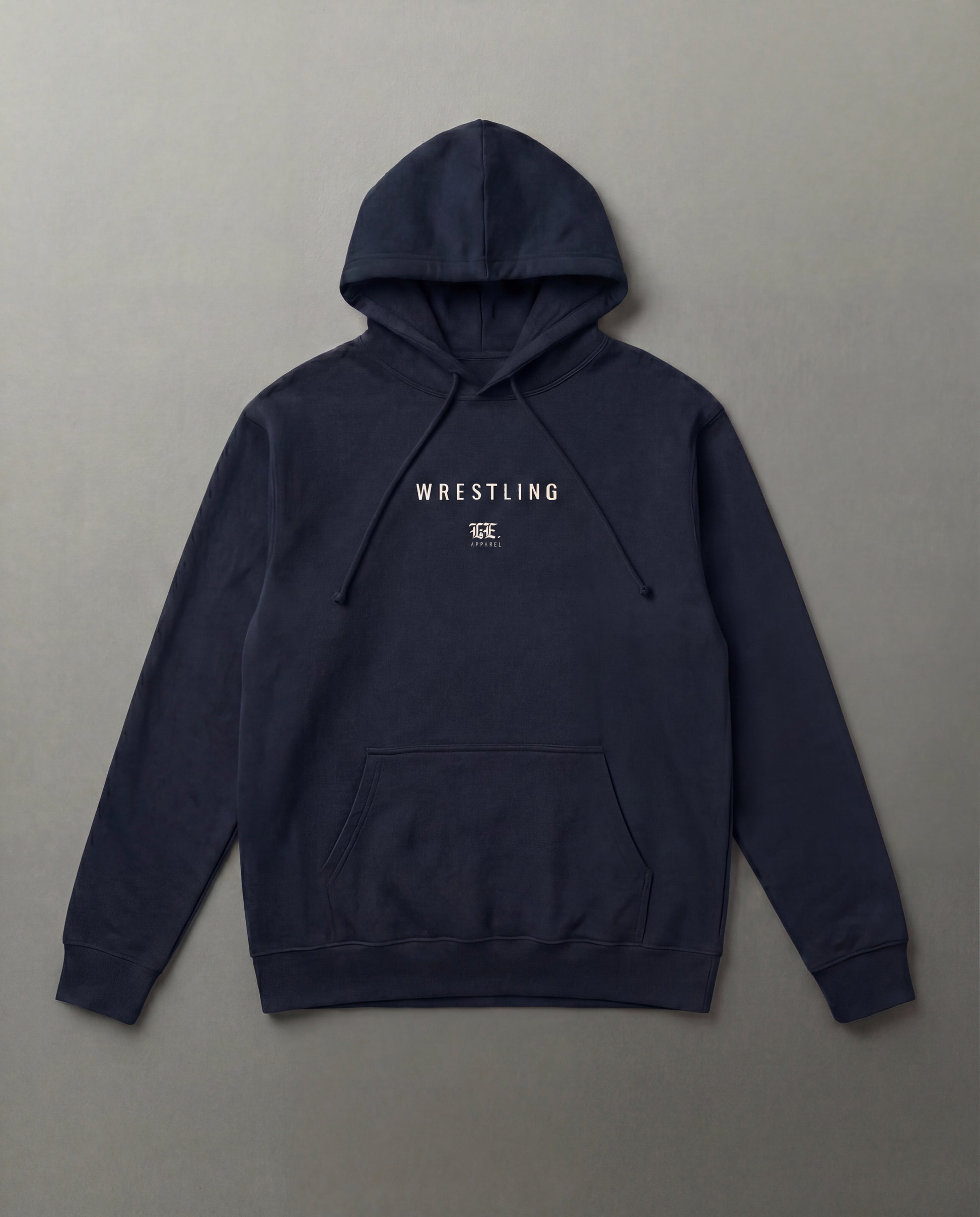 Navy blue hoodie with 'Wrestling' text on a gray background